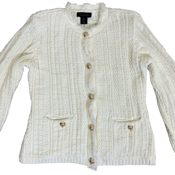 Tahari Button Up Fringe Cable Knit Cardigan Sweater Blazer Ivory Luxury Elegant - Picture 11 of 16